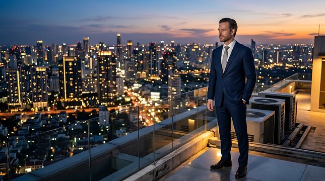 Successful businessman on rooftop overlooking city skyline at night