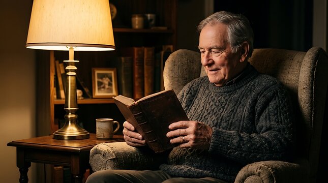Elderly man reading old book in cozy armchair by lamplight