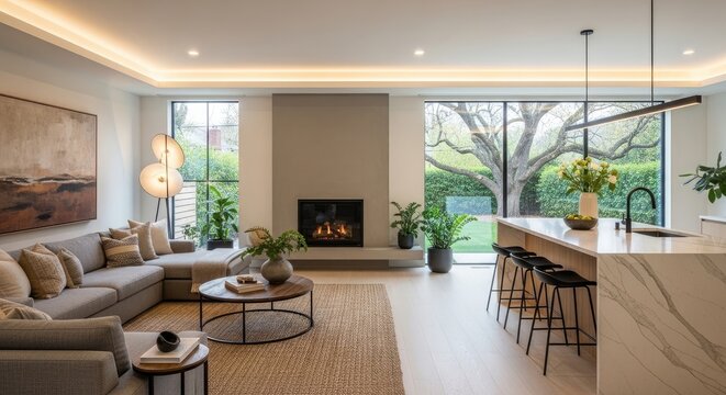 A bright and airy living room features a large sectional sofa, a stone fireplace, and a sleek kitchen island. A large window offers a view of a lush garden.