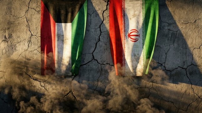 Kuwait And Iran Flags On Cracked Wall Showing War Conflict With Smoke Dramatic Realistic Lighting
