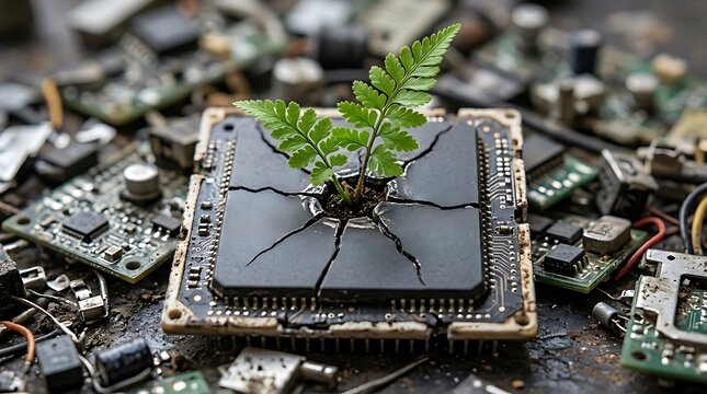 A small green fern plant growing out of a cracked black computer processor chip surrounded by old electronic circuit board components
