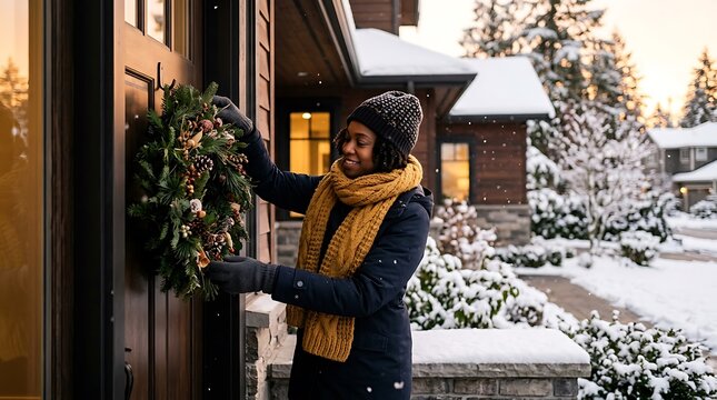 Black Woman Hanging Christmas Wreath on Front Door in Snow