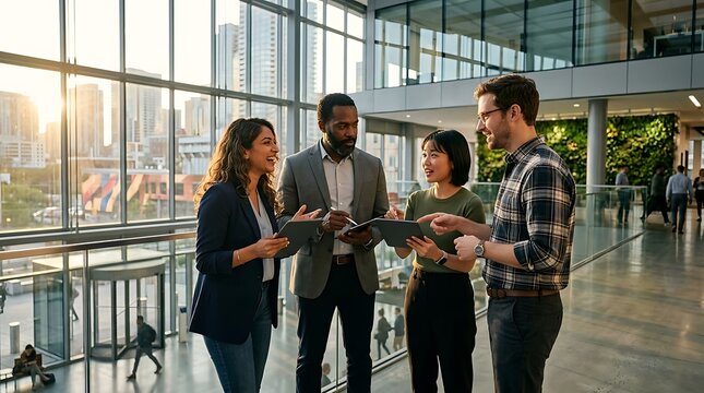 Diverse Business Professionals Collaborating in Modern Office Atrium