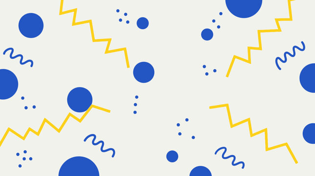 Minimalist memphis pattern with blue circles and yellow zigzag lines on beige background.