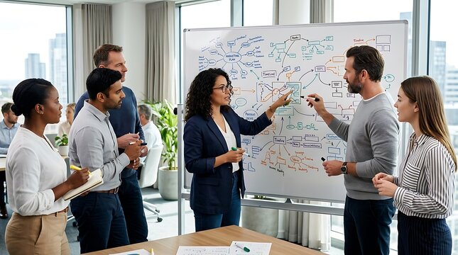 Diverse team brainstorming marketing strategy on whiteboard in office