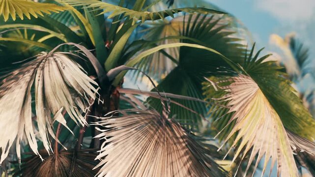 Tropical plants display green and brown leaves swaying in the warm sunlight. The scene captures the lush foliage swaying with a light breeze. The background is blurred softly.