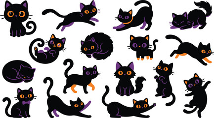 Fototapeta premium Spooky halloween black cats collection vector illustrations for festive designs and creepy october celebrations