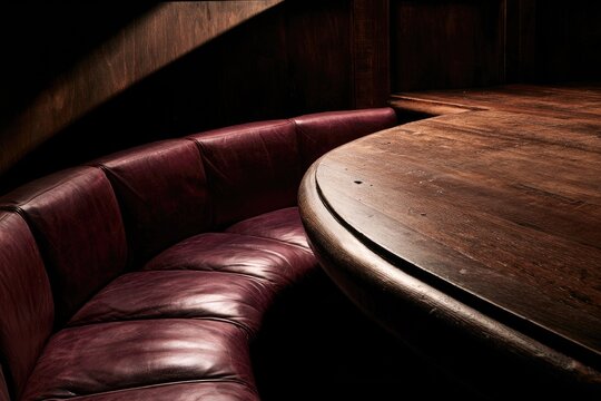 Dimly lit curved leather booth and polished wooden table