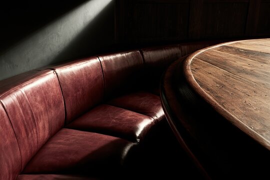 Rich leather booth and rustic wooden table in dim, atmospheric lighting