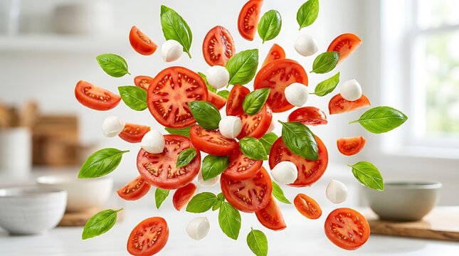 Fresh caprese salad ingredients including sliced red tomatoes, mozzarella balls, and green basil leaves floating in mid-air in a kitchen