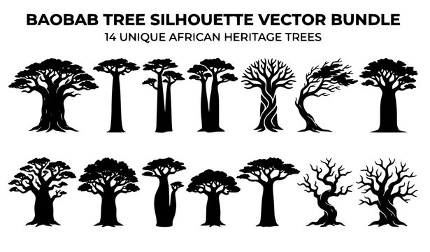 Majestic African Baobab Tree Silhouette Bundle Vector Illustration