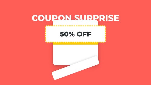 Coupon surprise, revealing discount voucher with 50% off, on red and black background, symbolizing savings, business, and marketing, seamless loop