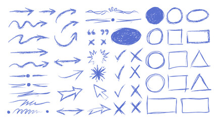 A comprehensive collection of hand drawn blue crayon style design elements and doodle annotations for digitali © Soma
