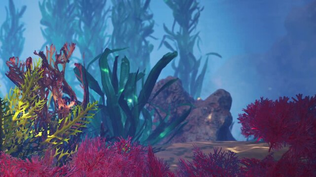 Under water, colorful coral and plants grow. Some rocks sit among the sea life. Sunlight filters through the water creating a bright view. Fish may be hiding nearby.