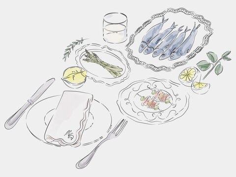 Watercolor Mediterranean Seafood Dinner Illustration