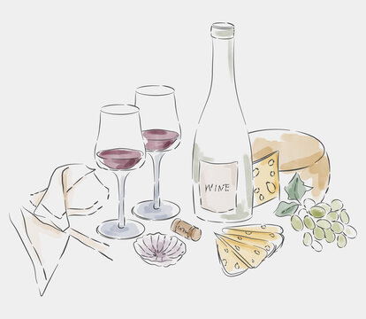 Watercolor Wine and Cheese Still Life Illustration