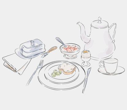 Watercolor Breakfast Table with Tea and Toast Illustration