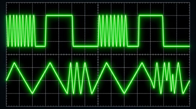 Oscilloscope screen displaying green glowing electronic waveforms, square waves, and triangular waves on a black grid background