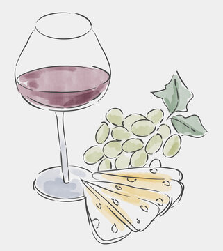 Watercolor Wine Glass with Cheese and Grapes Illustration