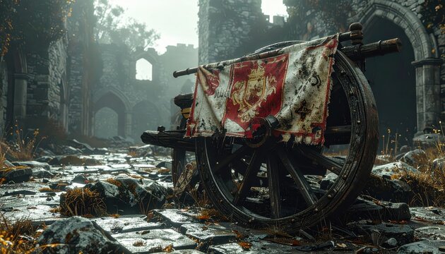 Ancient Siege Cannon with Torn Banner in Ruined Castle Courtyard - Medieval Battlefield Scene