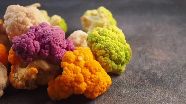 Colorful cauliflower heads on dark background