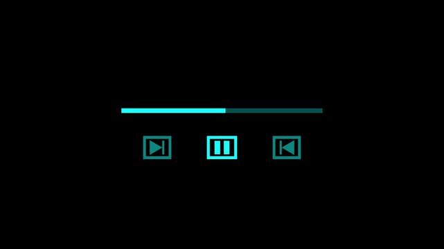 bright cyan video player interface buttons with pause play and skip icons