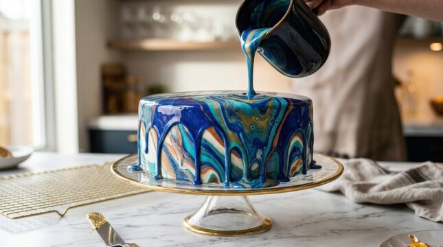 Close up view of professional pastry chef hand pouring blue liquid mirror glaze coating onto custom cake