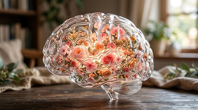 Transparent glass human brain sculpture filled with colorful blooming flowers sitting on a dark wooden table in a blurred library