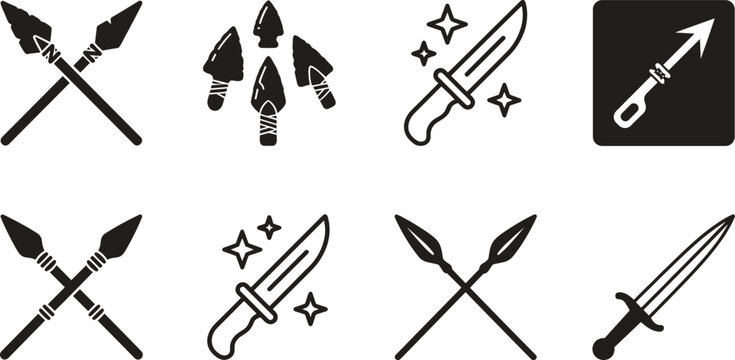Ancient prehistoric weapons icon set featuring crossed spears stone arrowheads hunting knives flint dagger and sword for history education