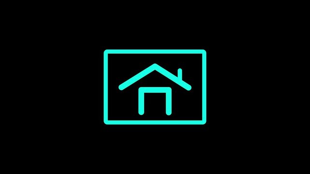 Cyan neon home button outline icon on black background