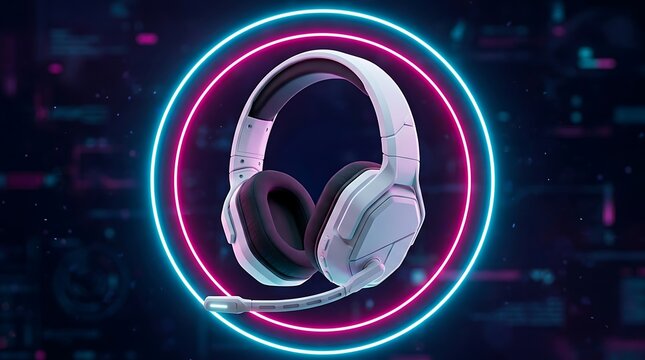 White gaming headset with microphone centered inside a glowing pink and blue neon circle against a dark digital data background