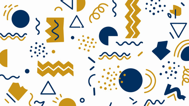 Memphis style geometric pattern with abstract shapes circles waves triangles and squiggles.