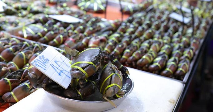 Raw food sea crab sell in traditional local market Bangkok Thailand
