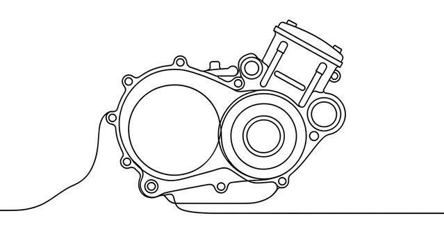 Motorcycle engine line drawing white background.