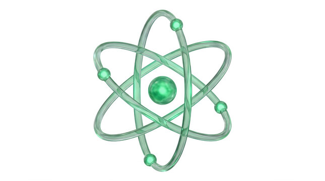 Green glass atom model with glowing nucleus, 3D scientific atomic structure on transparent background, nuclear physics and chemistry concept