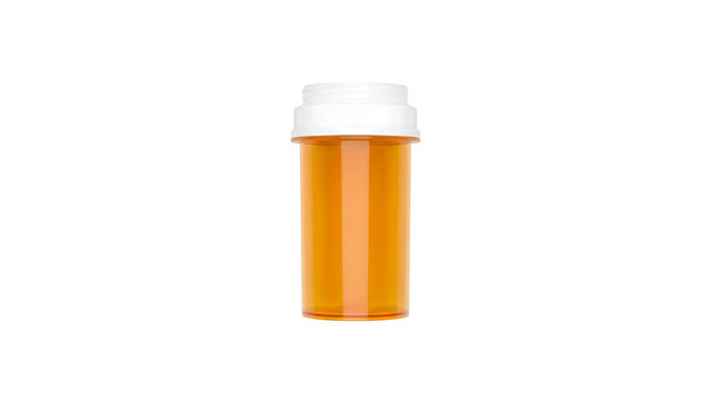 Orange prescription pill bottle with white cap, empty plastic medication vial, pharmaceutical container isolated on transparent background