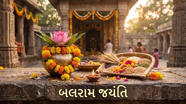 Balarama Jayanti Background with Sacred Lotus Flowers and Harvest Grains Illuminated by Warm Golden Sunlight for Hindu Festival Celebration
