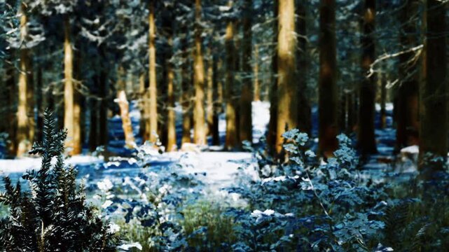 A forest is covered in snow. Tall trees stand with their trunks visible. Green plants peek out from the snow. The scene shows a quiet winter landscape in daylight.