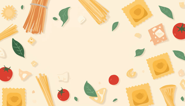 Spaghetti bundles and ravioli squares are scattered with tomatoes and herbs on a light backdrop.