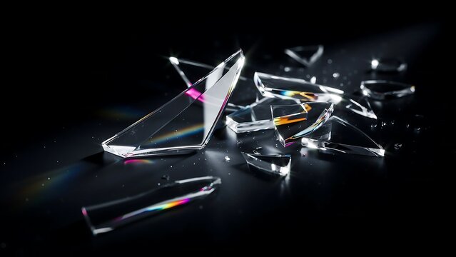 Sharp shards of broken glass reflecting light on a dark surface