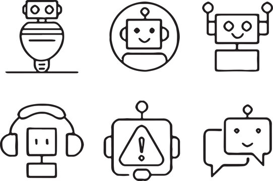 Robot Chatbot Outline Icons Set &ndash; AI Assistant, Bot, Chat, Support, Automation Line Vector Collection