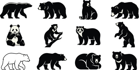 Bear species silhouettes collection, polar panda icons, wild animal figures, mammal shapes, nature design shadows, creative illustration art © Artist RH