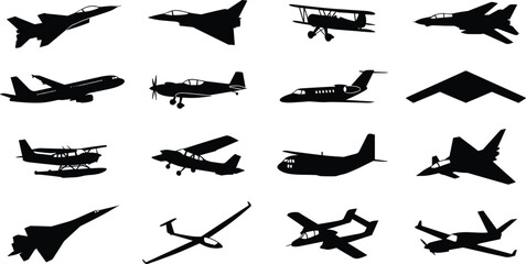 Aircraft silhouettes collection, fighter jet icons, commercial airliner shapes, vintage biplane figures, modern aviation shadows, transportation design illustration © Artist RH