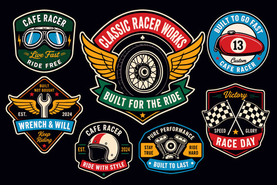 A collection of vintage motorcycle and cafe racer themed emblems and badges with retro designs and racing elements.