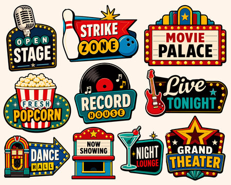 A collection of retro vintage style neon signs and marquees for various entertainment venues like movie theaters, bowling alleys, music stages, and lounges.