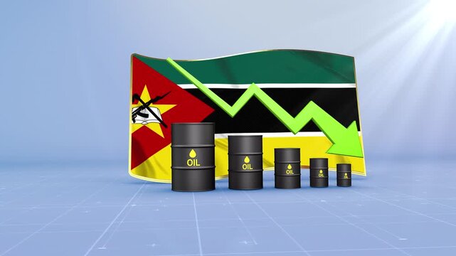 Mozambique Oil Price Falling with Oil Barrels Downward Green Arrow and 3D Financial Data Visualization Graphs for Economy and Business Concept