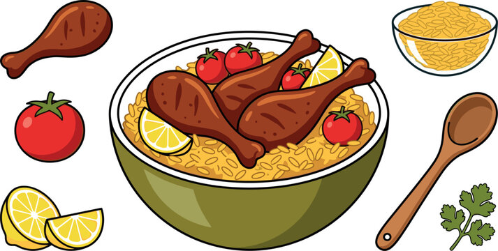 Traditional Arabic Kabsa or South Asian Biryani Chicken Rice Bowl Set with Roasted Drumsticks Tomatoes Lemon and Wooden Spoon Vector Illustration