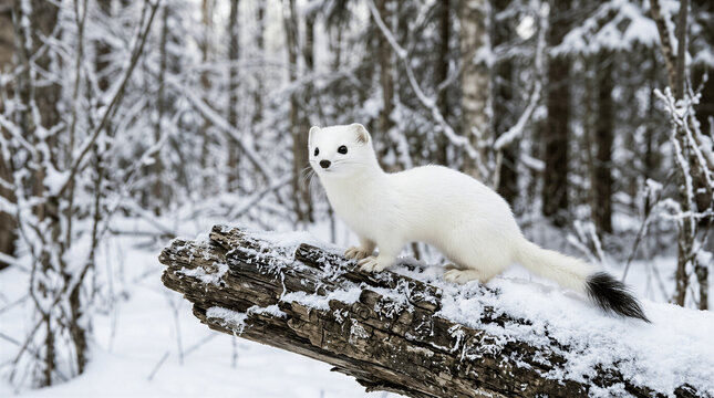 White Ermine in Snow-Covered Birch Woods, Standing on Log