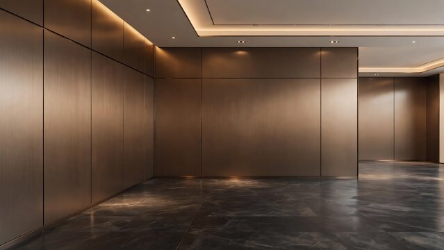 Modern empty room with bronze metal panel walls and marble floor