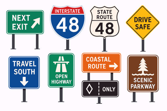 A collection of various road signs including directional, informational, and route markers for highways, interstates, and scenic parkways.